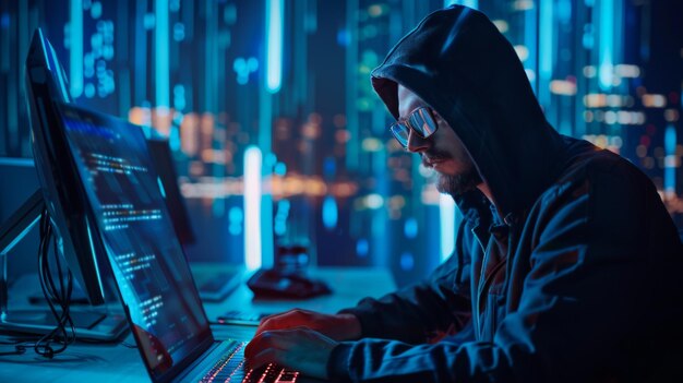 Hooded hacker typing on keyboard in dark room