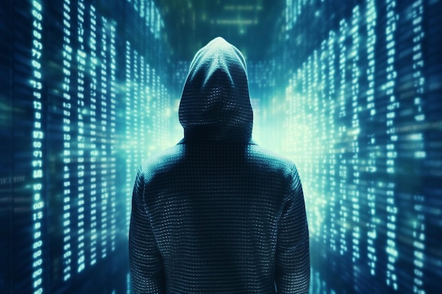 Hooded hacker with binary code on a dark blue background