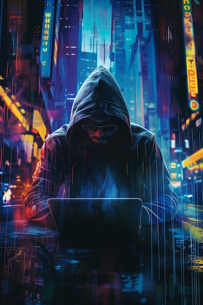 Hooded Hacker with Laptop and Digital Cityscape