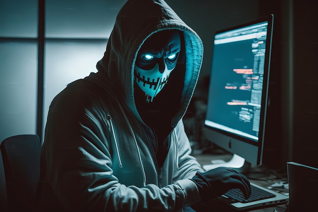 Hooded Hacker with mask using Laptop Break or Attack into Data server Hacking Generative Ai