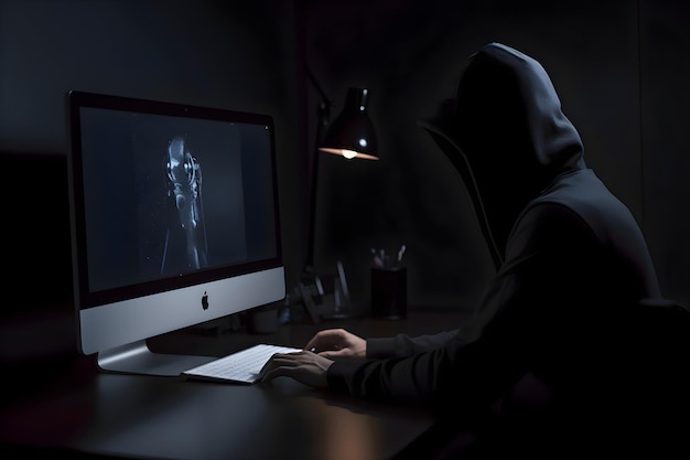 Hooded man using computer in dark room Computer crime concept