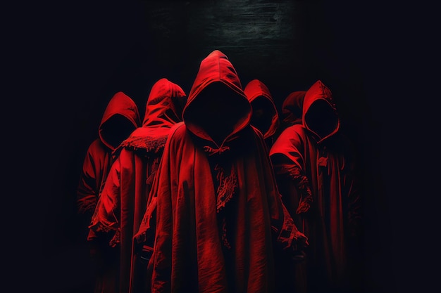 Hooded red figures gathering in a dark room Generative Ai