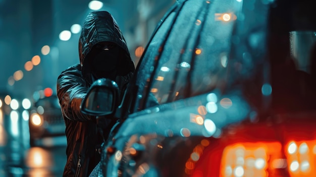 Photo hooded thief in urban night stealing car in dark alley with blurred city lights and bokeh effect