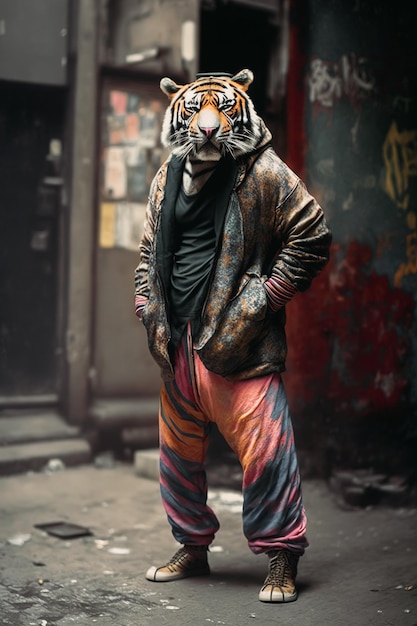 Hooded Tiger dressed in clothes and standing alone on a rainy street in the middle of the city