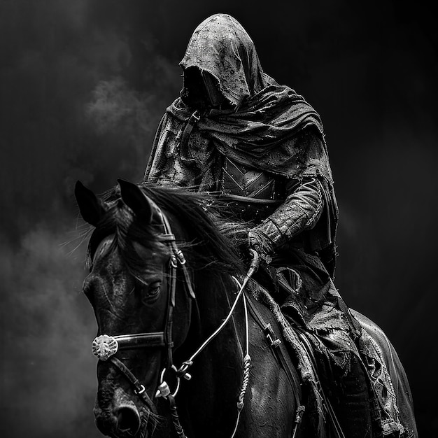 hooded warrior on horseback Realistic Riding into battle Roman greek aesthetic High contrast bla