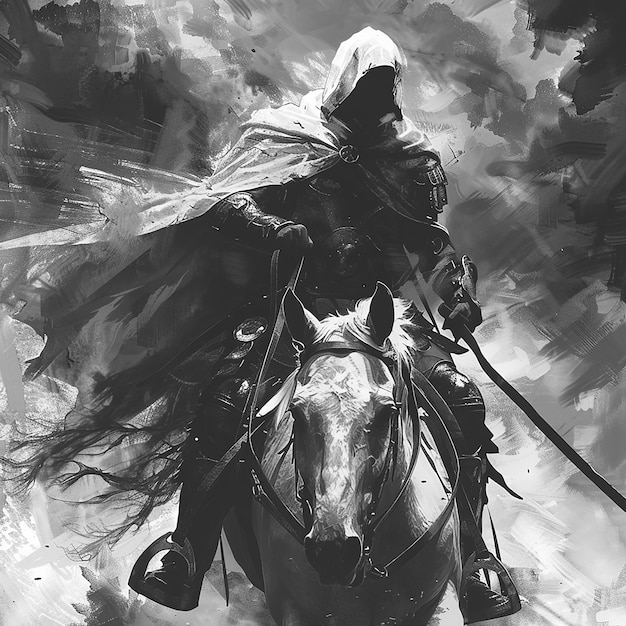 hooded warrior on horseback Realistic Riding into battle Roman greek aesthetic High contrast bla