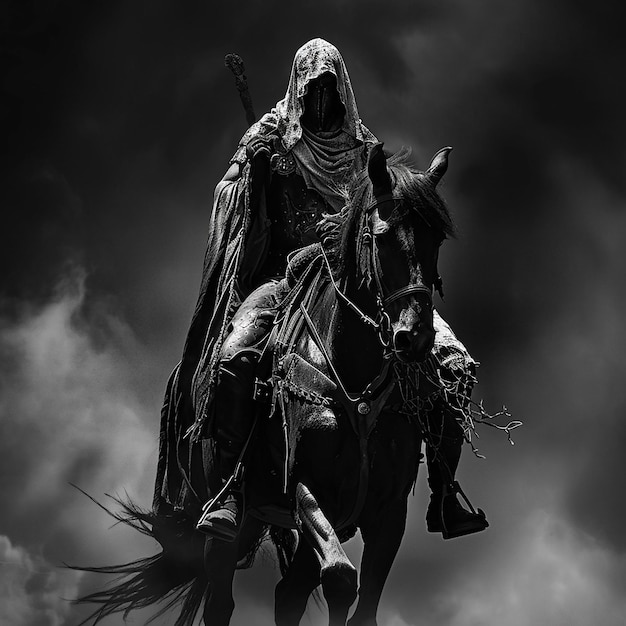 hooded warrior on horseback Realistic Riding into battle Roman greek aesthetic High contrast bla