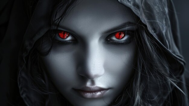 hooded woman with red eyes and pale skin looks forward seriously wallpaper AI generated image