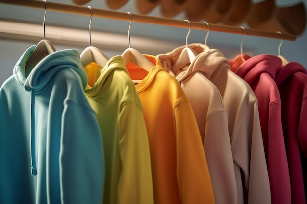 Hoodies of different colors hang on a hanger