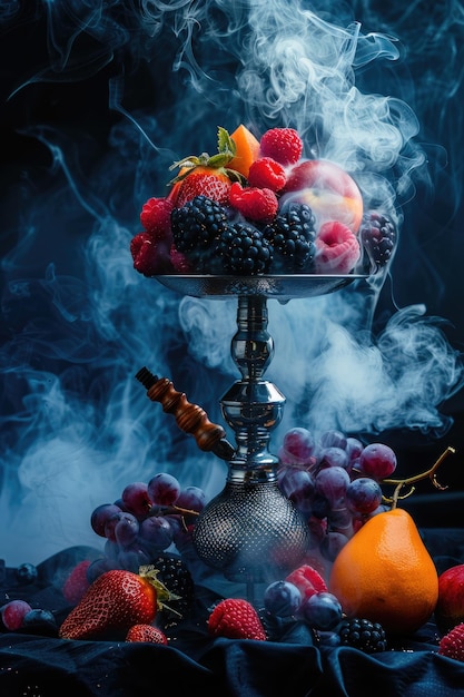 Photo hookah berries fruits and smoke selective focus