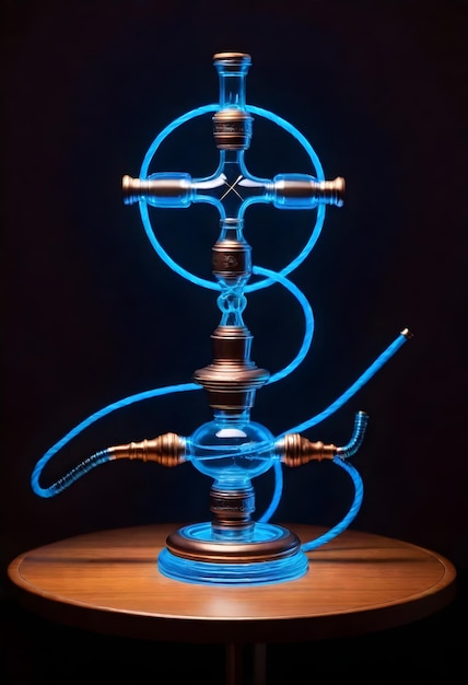 A hookah with a wooden stem and transparent glass base illuminated by a neon blue light