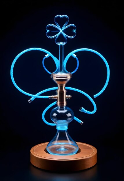 A hookah with a wooden stem and transparent glass base illuminated by a neon blue light