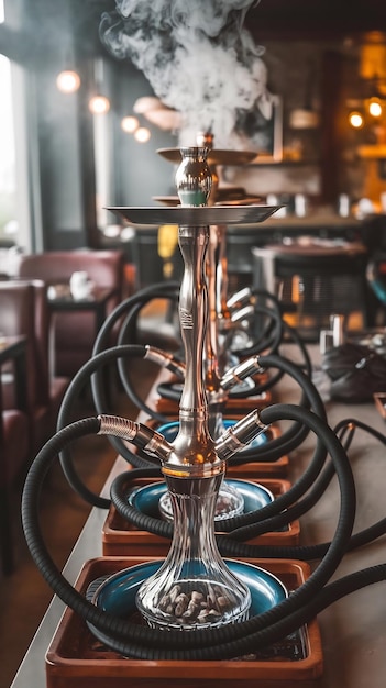 Hookahs with shisha bowls and coals on the background of smoke in the restaurant