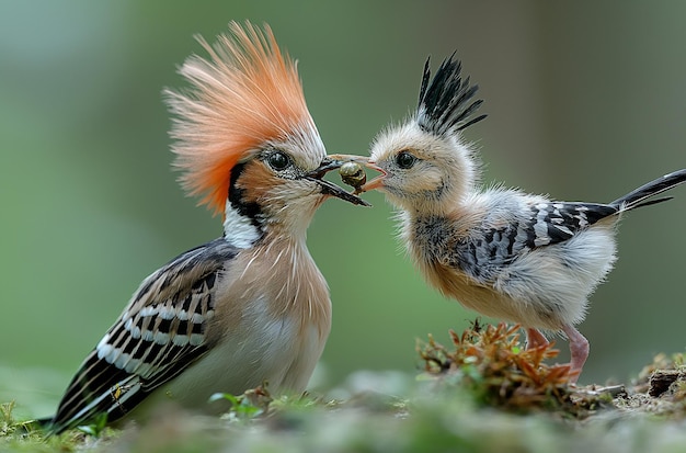 Photo a hoopoe bird feeding its baby with food