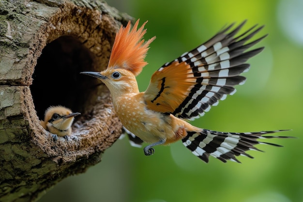 Photo hoopoe bird with chick in tree cavity