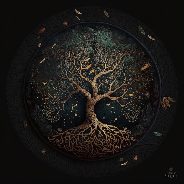 Hope in a Circular Masterpiece Tree of Life on a Dark Backgrounds