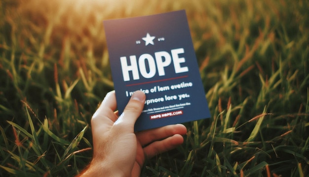 Photo hope in nature a hand holding a hope card in a sunlit garden