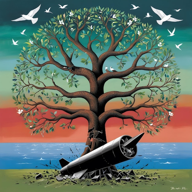 Photo hope rises a tree of life grows from the ashes of nuclear weapons uniting the world