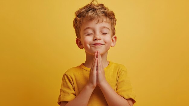 Photo hopeful child in studio with eyes closed and hands together praying for good news generative ai