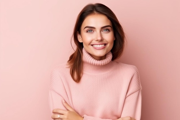 Hopeful positive young woman keeps handsogether under chin