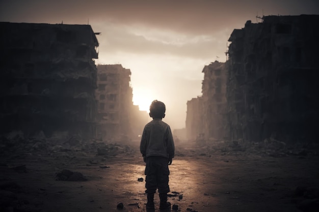 Hopelessness in the Middle East A solitary child contemplates abandoned cities in the backdrop a striking visual narrative AI Generated