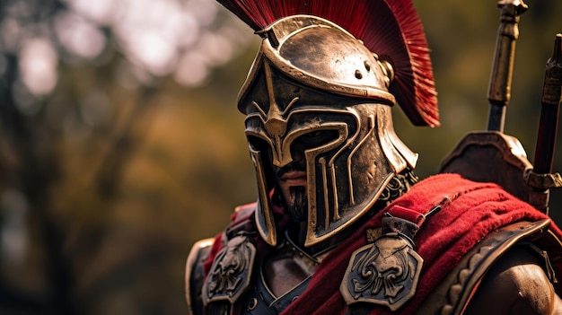 Hoplite in full bronze armor standing ready for battle on sunlit battlefield