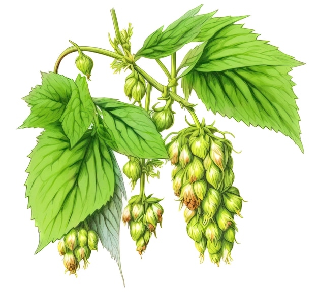 Hops branch with flowers and leaves isolated on white background Generative AI watercolor illustration