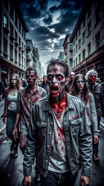 Photo a horde of decaying zombies shuffling through an abandoned city street with dark ominous clouds ab