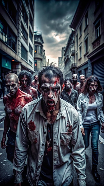 Photo a horde of decaying zombies shuffling through an abandoned city street with dark ominous clouds ab