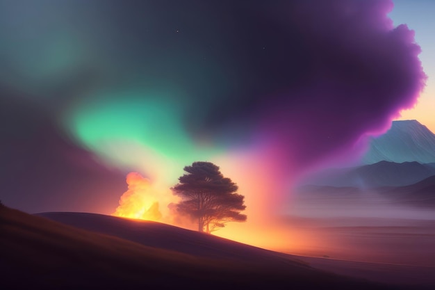 Horizon Enigma Smokey Cloud Formation Tree and Rainbow Over Mountains