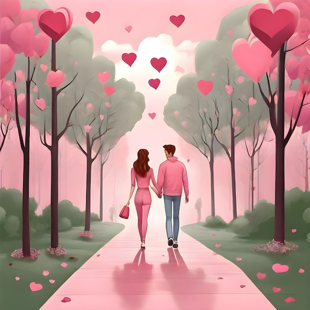 Horizontal advertisement of a couple walking among the trees in the urban park on a pink background