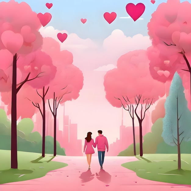 Horizontal advertisement of a couple walking among the trees in the urban park on a pink background