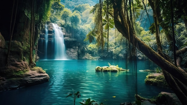 Horizontal AI illustration Lake with waterfall in a tropical forest Concept landscapes nature