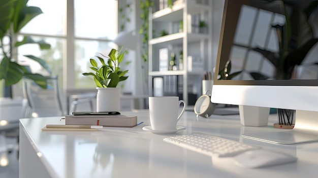 Horizontal AI illustration modern workspace with computer and coffee cup Technology concept