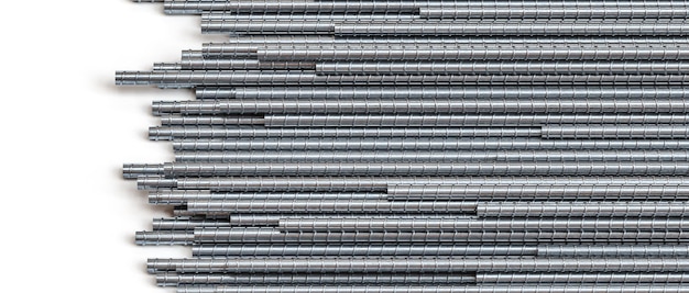 horizontal background of steel rods on white 3d render