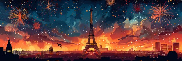 Horizontal banner Bastille Day celebration of the French National Day Fireworks over Paris against the backdrop of the Eiffel Tower and a panorama of the city Holiday illustration