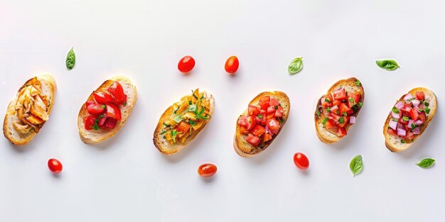 Photo horizontal banner for a catering company a set of bruschetta with vegetables and herbs an assortment of sandwiches and snacks a row top view white background