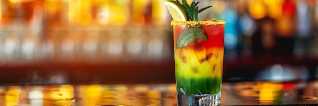 Horizontal banner Celebration of Bolivia Independence Day alcoholic cocktail in honor of the Bolivian flag drink decorated with a slice of lime and mint Free space for text