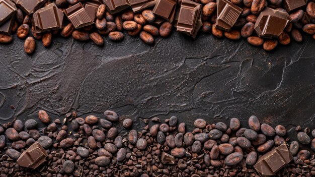 horizontal banner chocolate pieces and roasted cocoa beans on the black slate texture background world chocolate day free space for text