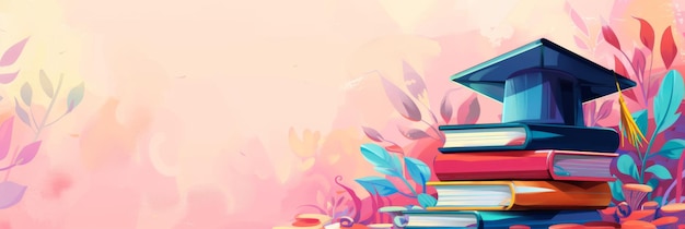 Horizontal banner Flat illustration Graduation cap books and colorful leaves on the pink background Education concept Celebrating of graduation university institute school Free space for text