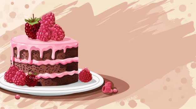 Horizontal banner International Cake Day A delicious cake decorated with icing and raspberries Beige background Free space for text For invitations labels cards