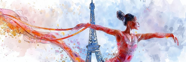 Horizontal banner watercolor illustration Summer Olympic Games gymnast with ribbon against the background of the Eiffel Tower free space for text