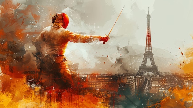 horizontal banner watercolor illustration Summer Olympic Games in Paris fencing fencer with a rapier against the backdrop of the Eiffel Tower landmarks and city panorama free space for text