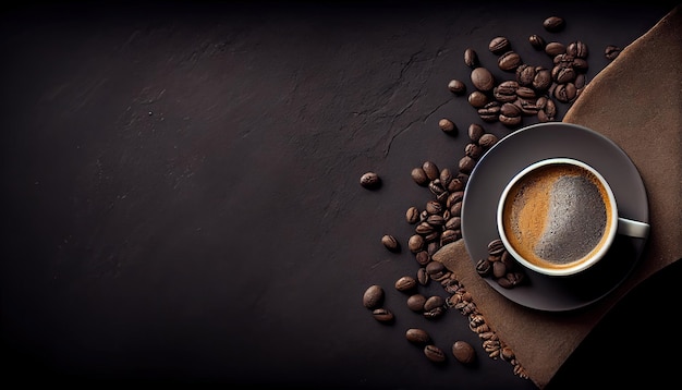 Horizontal banner with cup of coffee and coffee beans on dark stone background Top view Copy space