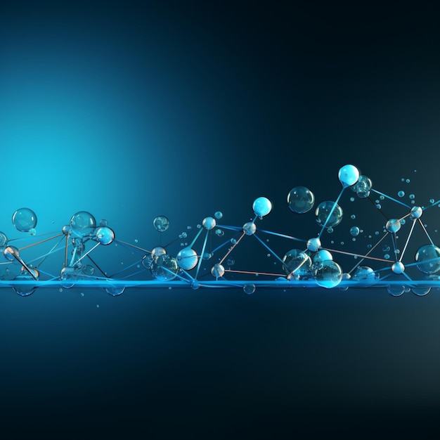 Horizontal banner with model of abstract molecular structure Background of blue color with glass a