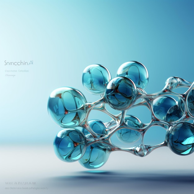 Horizontal banner with model of abstract molecular structure Background of blue color with glass a