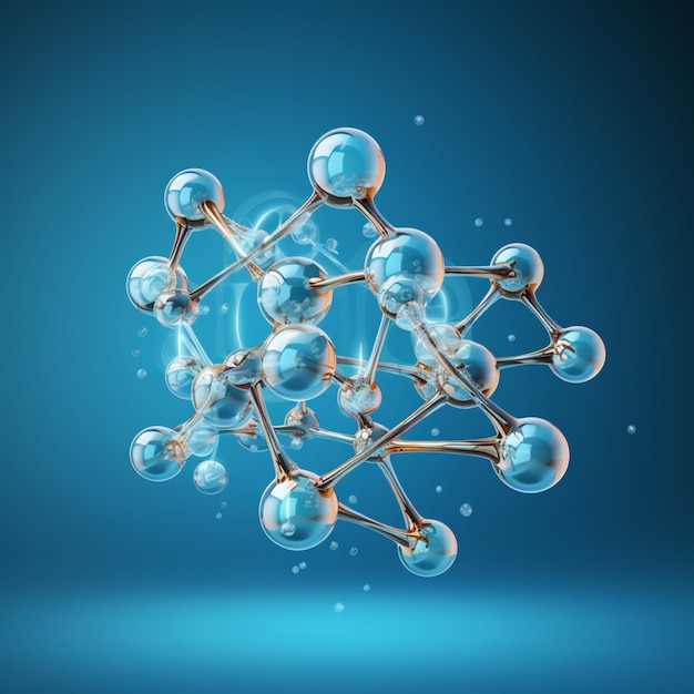 Horizontal banner with model of abstract molecular structure Background of blue color with glass a