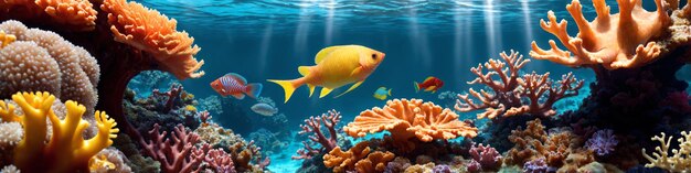 Horizontal banner with ocean reef with colorful corals tropical fish and sunlight streaming through the sea water Underwater world beauty illustration Generative AI