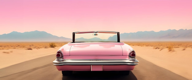 Horizontal Banner with Pink sky and convertible car with copy space