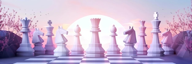 Horizontal banner World Chess Day Chess pieces against the background of the sun Business competition strategy leadership and success concept Free space for text